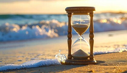 Hourglass on beach with waves at sunset