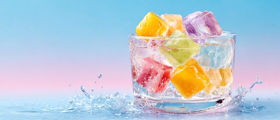 Vibrant ice cubes splash into a glass, creating a refreshing and colorful beverage moment.