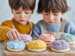 Two children enjoying colorful frosting on freshly baked cookies, capturing a moment of joy and creativity in baking.