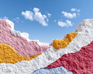 Vibrant textured wall with colorful patterns against a bright blue sky, showcasing modern artistic expression.