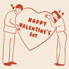 Valentine’s Day couple character holding heart doodle, love hand drawn illustration
