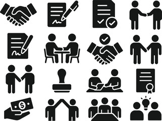 Business Deal Solid Black Vector Icon Set Collection on White Background