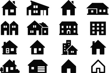 Vector EPS illustration featuring 16 solid black house silhouette icons. Includes single-family home, modern house, cottage, bungalow, townhouse, duplex, mansion, apartment building, cabin, tiny house