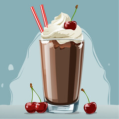 Indulgent chocolate milkshake dessert with a swirl of whipped cream and juicy red cherries