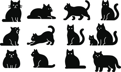 Vector EPS illustration featuring 16 solid black cat silhouette icons. Includes sitting cat, walking cat, lying cat, stretching cat, playful cat, yawning cat, alert cat, curled tail cat, kitten beside
