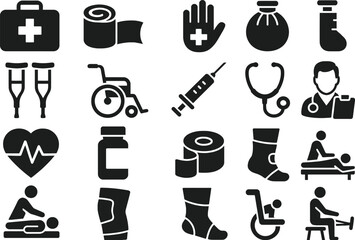 Sports Medicine Solid Black Vector Icon Set Collection on White Background