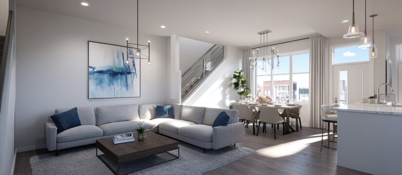 Open-concept living area with a modern aesthetic - Powered by Adobe