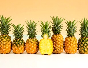 Row of pineapples, one sliced in half