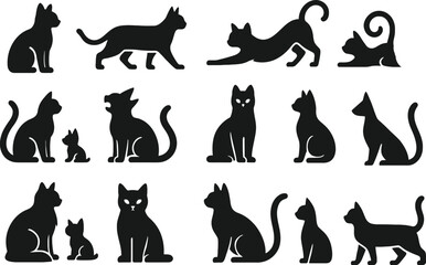 Cat Silhouette Solid Black Vector Icon Set Collection on White Background