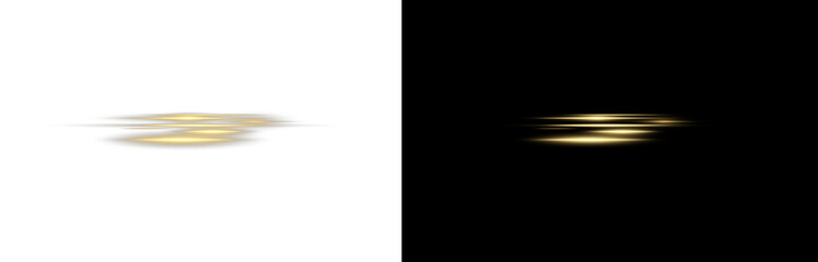 Light effect of movement of golden neon lines. Horizontal lines. Speed ​​effect on a transparent background. Lines of light, speed and movement.PNG	