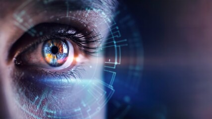 Close-up of a Human Eye with Digital Overlays, AI, Biometric Security, Advanced Vision Technology. Virtual Reality Context. Eye Scan for Facial Recognition and Data Analysis