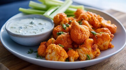 Crispy buffalo cauliflower bites with creamy ranch dip and fresh celery sticks