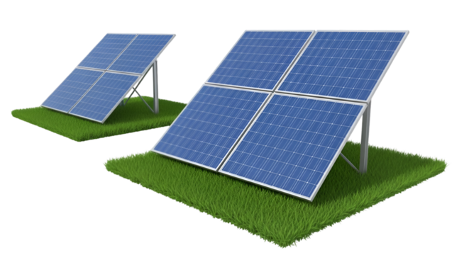 Two solar panel arrays on green grass solar energy