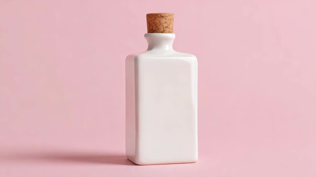 White ceramic square bottle with cork stopper standing upright in studio lighting on pastel pink background, concept of minimal packaging design