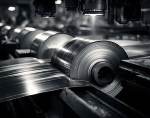 Fototapeta premium Industrial Metal Rollers in a Manufacturing Plant Producing Coiled Metal Sheets