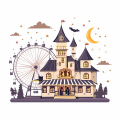 Haunted Fairground Attraction with Ferris Wheel and Spooky Castle at Night