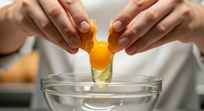 Chef's hands breaking an egg into a glass bowl for cooking, close-up