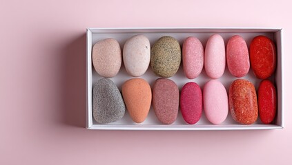 Twelve pastel-colored, pebble-shaped soaps arranged neatly in a white rectangular box on a pink background