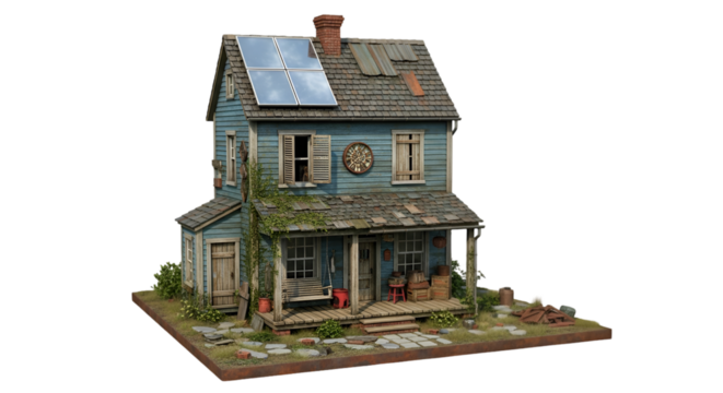 Weathered Blue House With Solar Panels And Overgrown Garden