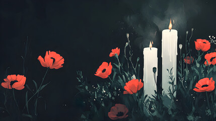 Red poppy flowers and burning candle banner with copy space for veterans day memorial or remembrance day. Symbol of Memorial Day Armistice day and Anzac Day background for design greeting card poster