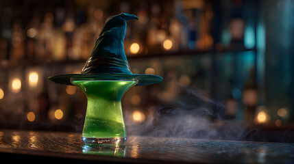 Fantasy cocktail in witch hat glass with rising smoke