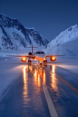 A passenger plane taxis on a snowy runway at twilight, surrounded by majestic Antarctic mountains