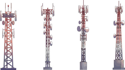 Telecommunication towers vector illustration showing cell signal antennas and network transmitters, modern communication technology infrastructure for mobile, internet, and broadcasting design.