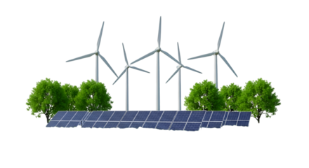 Wind turbines and solar panels with trees renewable energy