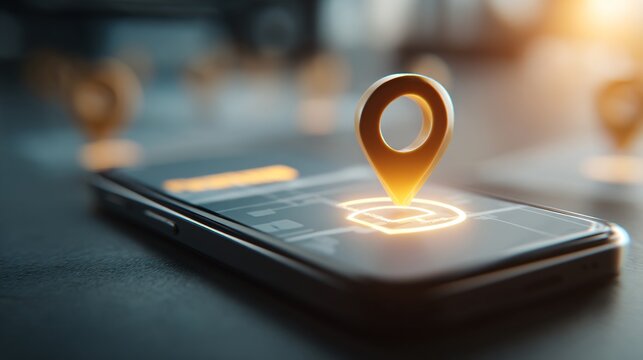 Smartphone displaying a map with a glowing geolocation pin icon blurred background
