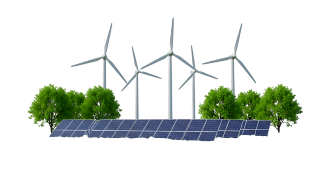 Wind turbines and solar panels with trees renewable energy