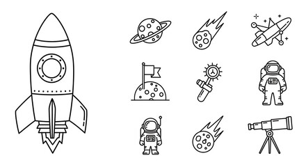 Line art illustration of space exploration icons including rocket astronaut and celestial objects created with generated ai