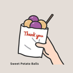 Hand holding taiwanese sweet potato balls illustration