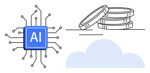 AI microchip network beside coins and a cloud, suggesting AI-driven finance, cloud computing, and technology integration. Ideal for innovation, fintech, data, automation, digital economy computing
