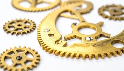 Golden gears scattered on white, detail focused macro shot