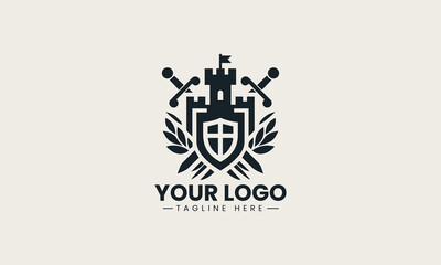 Obraz premium Powerful black vector logo illustration of a medieval castle crest featuring crossed swords and a shield for security branding