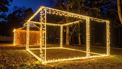 Illuminated cube frame, with bright lights, outside