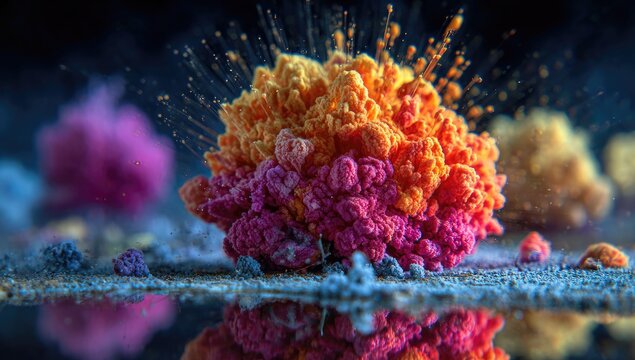 Colorful explosion of powder, reflected
