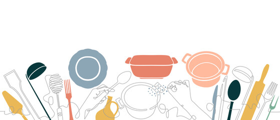 Cooking. Continuous line drawing style of kitchen utensils. Culinary background. 
