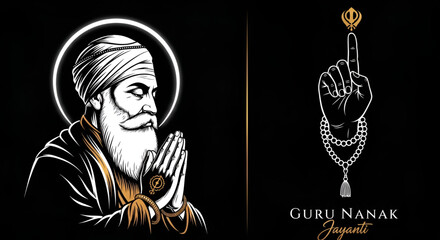 A Happy Guru Nanak Jayanti Illustration With A Portrait And Symbolic Hand Gesture On A Dark Background
