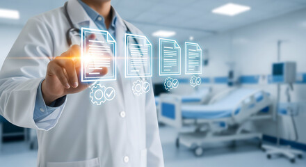 Doctor accesses medical records with touch in a modern hospital room setting