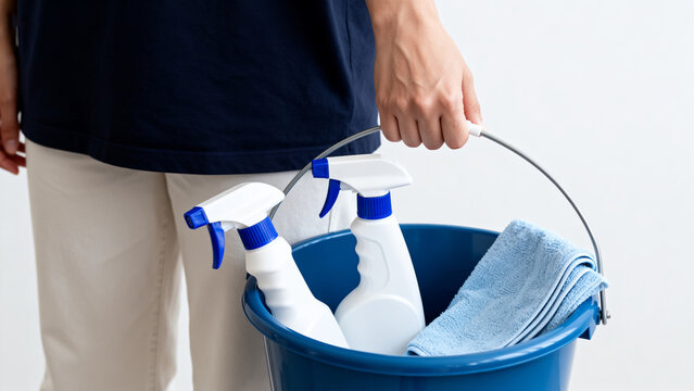 Person holding bucket with cleaning supplies