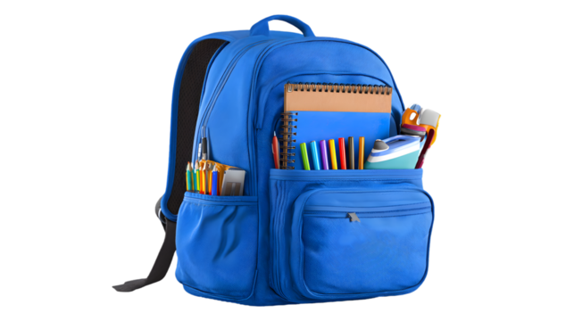 Blue School Backpack Filled with Colorful Supplies

