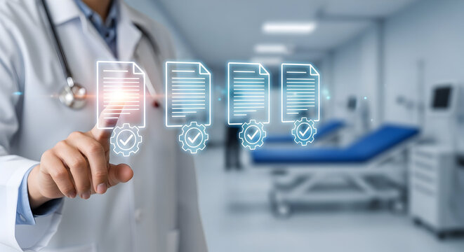 Doctor using modern digital interface for medical records and data management