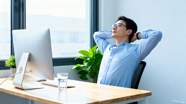 Man relaxing at office desk - Powered by Adobe