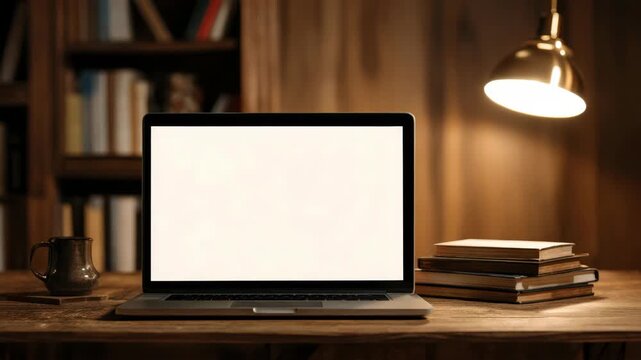 Open laptop with blank white screen on rustic wooden desk, surrounded by books and warm lamp, in cozy home library background scene
