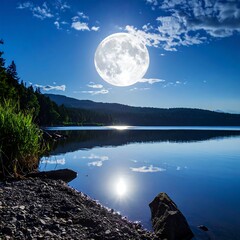 Full moon over a serene lake at night. Lush, dark forest borders the calm water, reflecting the brilliant moonlight.  A rocky shoreline edges the tranquil scene