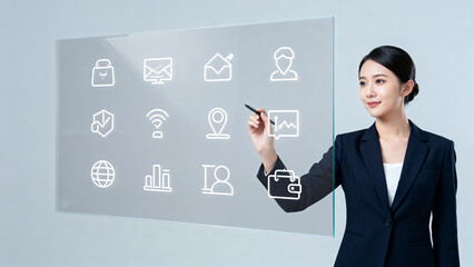 Businesswoman interacting with digital icons