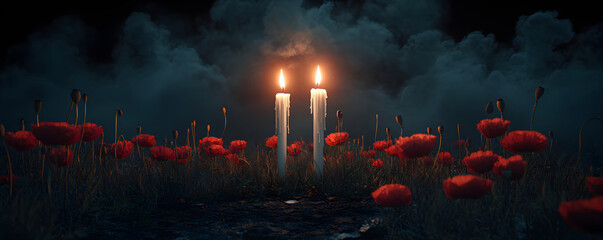 Red poppy flowers and burning candle banner with copy space for veterans day memorial or remembrance day. Symbol of Memorial Day Armistice day and Anzac Day background for design greeting card poster