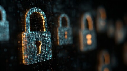 Digital padlock icons formed from binary code signify cybersecurity and data protection in a modern tech concept.