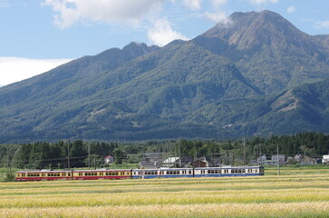妙高山をバックに日本の秋の風景の中を走る列車　　